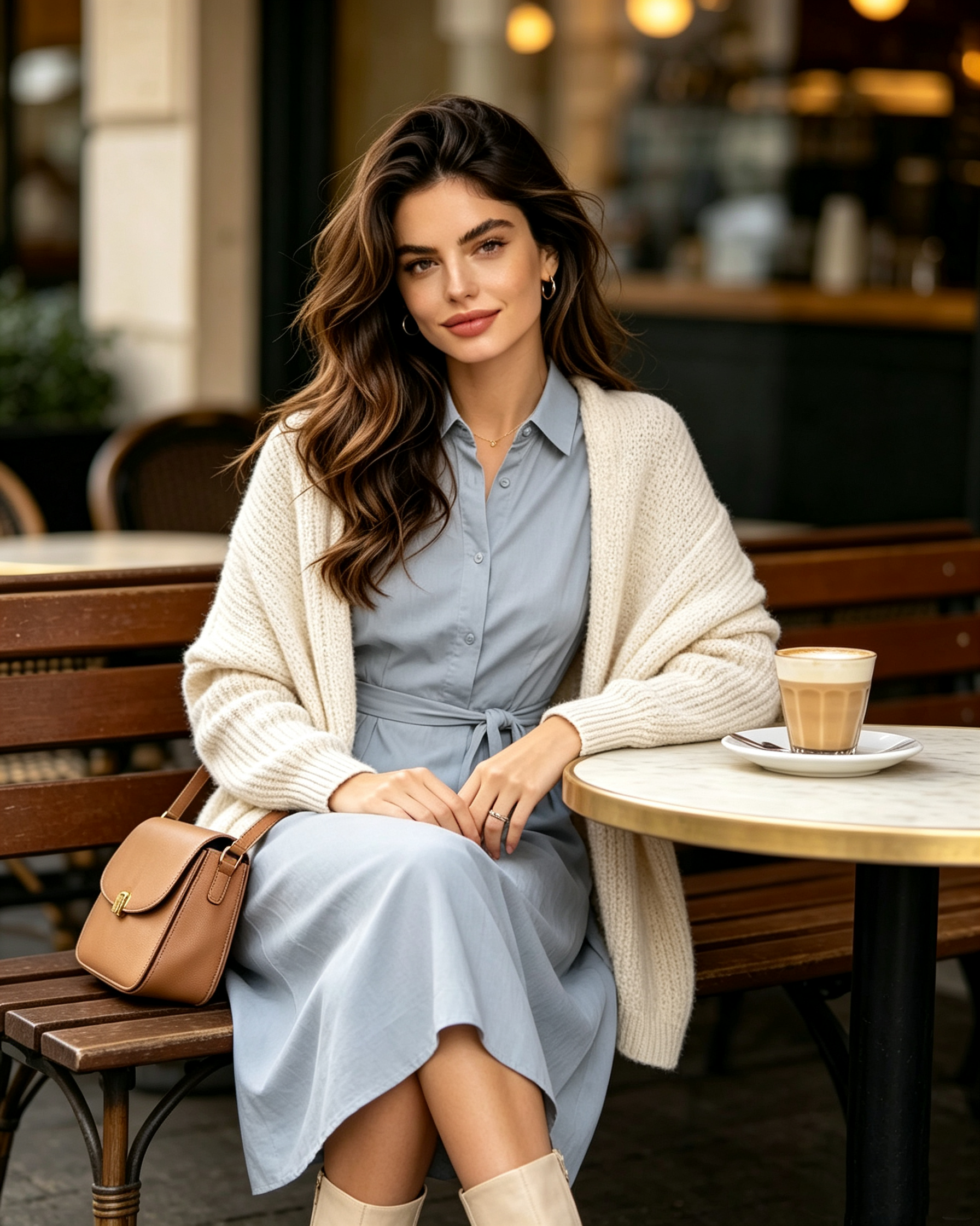 Light Blue Shirt Midi Wrap Dress with Knit Cardigan