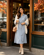 Light Blue Shirt Midi Wrap Dress with Knit Cardigan