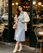 Light Blue Shirt Midi Wrap Dress with Knit Cardigan