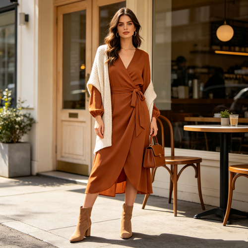 Caramel Satin Wrap Midi Dress Early Autumn Dress