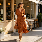 Caramel Satin Wrap Midi Dress Early Autumn Dress