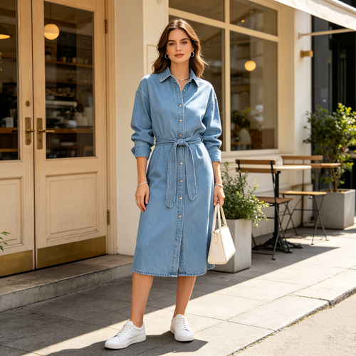 Denim Belted Shirt Midi Dress