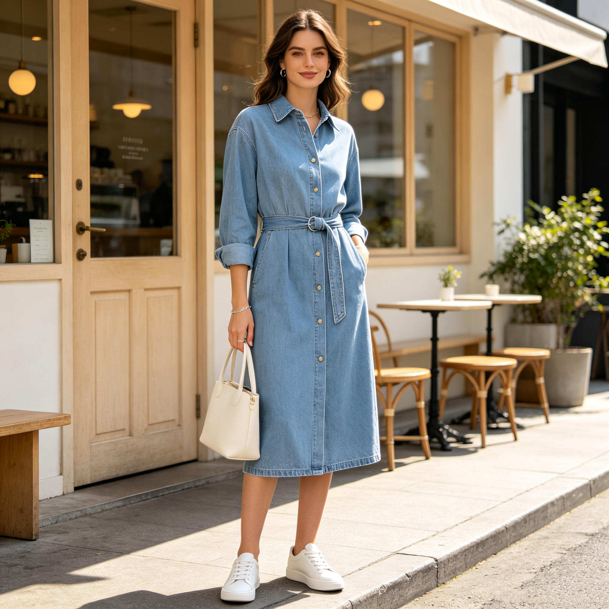 Denim Belted Shirt Midi Dress